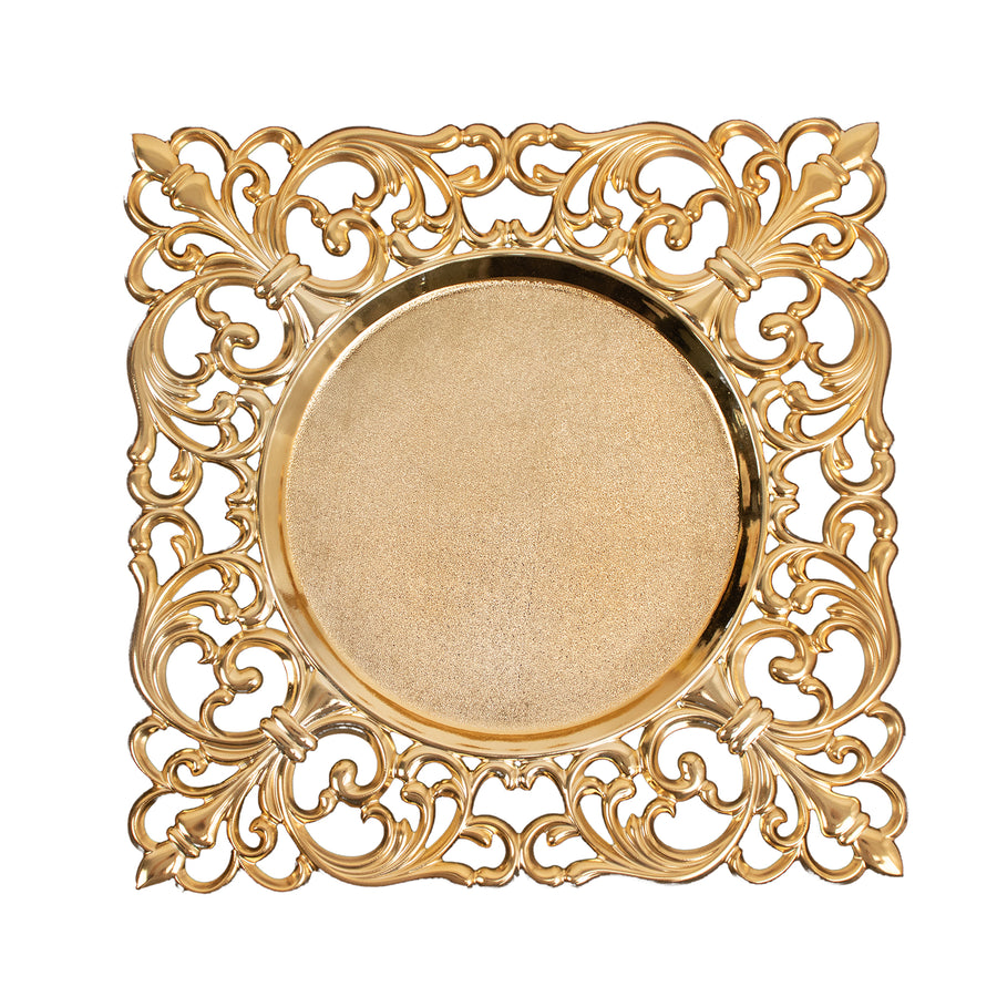6 Pack Gold Square Acrylic Charger Plates with Hollow Lace Border#whtbkgd