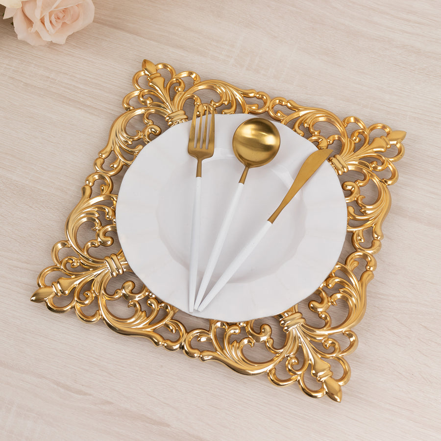 6 Pack Gold Square Acrylic Charger Plates with Hollow Lace Border
