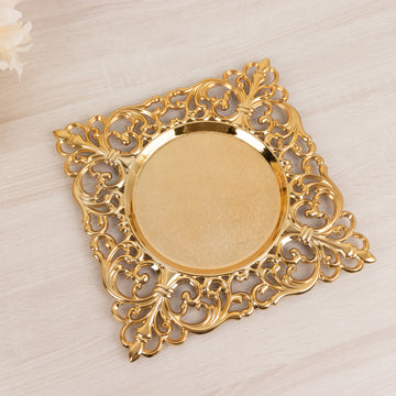 6 Pack Gold Square Acrylic Charger Plates with Hollow Lace Border, 12" Dinner Chargers Event Tabletop Decor