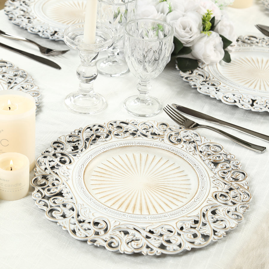 6-Pack Acrylic Round Charger Plates 13inch Antique White with Vintage Floral Carved Rim