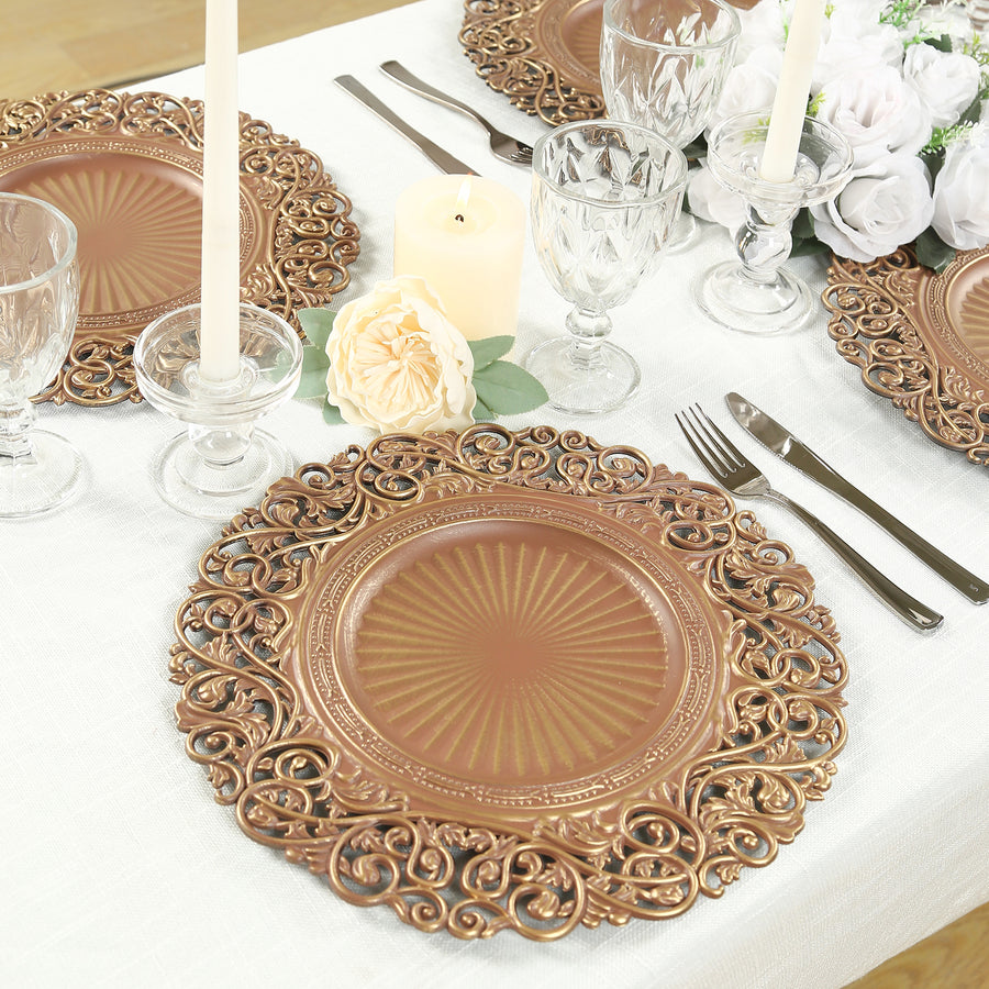 6-Pack Acrylic Round Charger Plates 13inch Brown / Brushed Gold with Vintage Floral Carved Rim