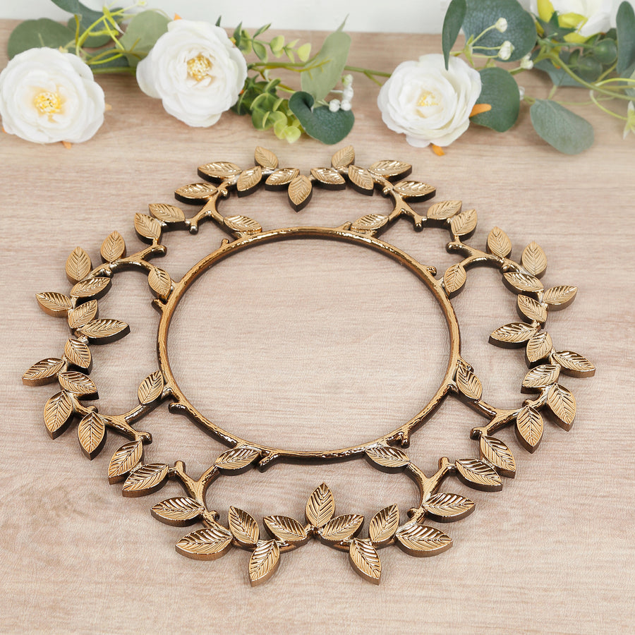 Gold leaf decorative mirror frame on wooden surface.