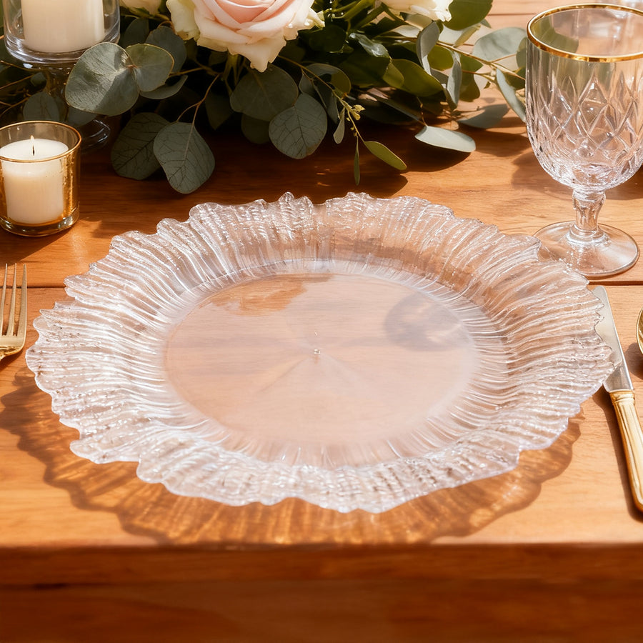 Elegant clear glass plate with ruffled edge on a wooden table.