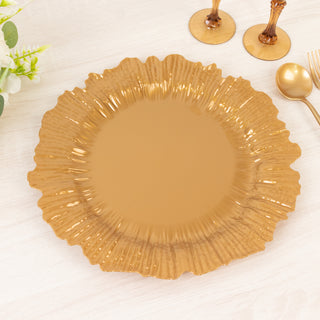Gold decorative charger plate with a ruffled edge.