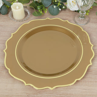 <span>Exquisite Gold Plastic Charger Plates with a Gold Scalloped Rim</span> <span>Exquisite Gold Plastic Charger Plates with a Gold Scalloped Rim</span>