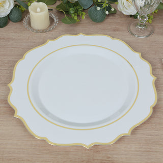 <span>Exquisite White Plastic Charger Plates with a Gold Scalloped Rim</span> <span>Exquisite White Plastic Charger Plates with a Gold Scalloped Rim</span>