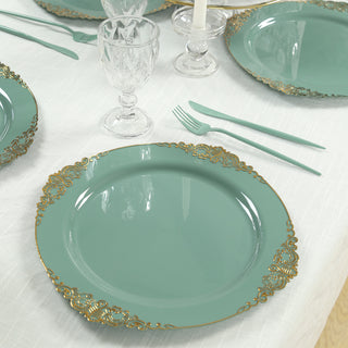 <strong>Dusty Sage Green Plastic Charger Plates With Gold Embossed Baroque Rim Design</strong> <strong>Dusty Sage Green Plastic Charger Plates With Gold Embossed Baroque Rim Design</strong>