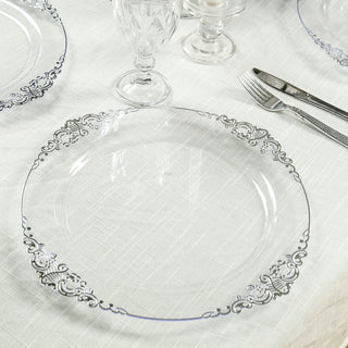 <strong>Clear Plastic Charger Plates With Silver Embossed Baroque Rim Design</strong> <strong>Clear Plastic Charger Plates With Silver Embossed Baroque Rim Design</strong>