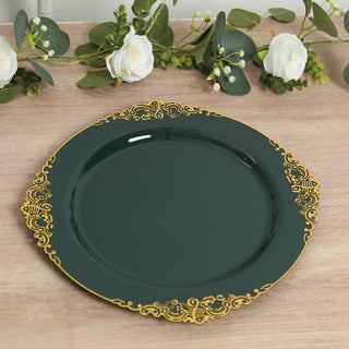 Elegant dark green plate with gold ornate detailing.
