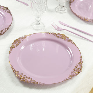 <strong>Lavender Plastic Charger Plates With Gold Embossed Baroque Rim Design</strong> <strong>Lavender Plastic Charger Plates With Gold Embossed Baroque Rim Design</strong>