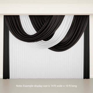 Black and white draped curtain display with size note overlay