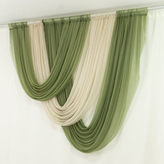 Green and cream sheer curtain panels hung on a rod