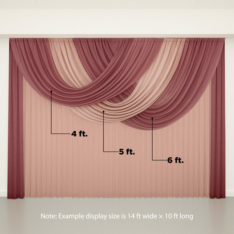 Elegant draped fabric curtains in blush and burgundy colors.
