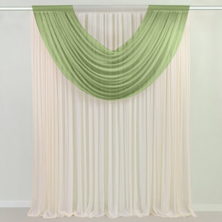 Green and cream pleated curtain drape on a white backdrop.