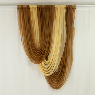 Brown and beige sheer curtains hanging from a rod against a white wall