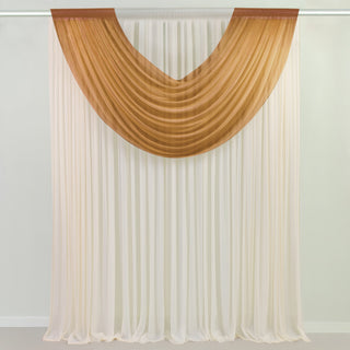Elegant draped curtain in soft white and warm wood tones