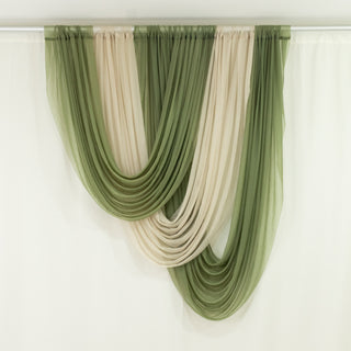 Elegant green and cream sheer drapery fabric display.