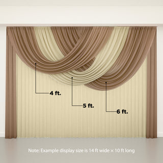 Draped curtain display in beige and brown, example size 14 ft wide x 10 ft long.