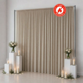 Flame retardant beige pleated curtain backdrop for events and weddings