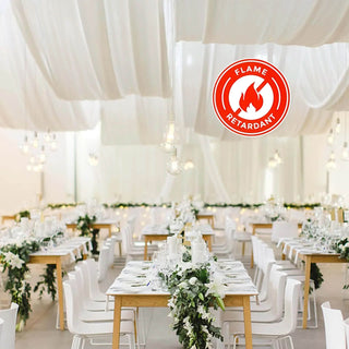 Elegant wedding reception setup with flame retardant certification.