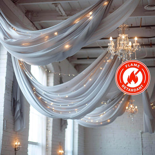 Flame-retardant drapery with fairy lights in an elegant indoor setting.