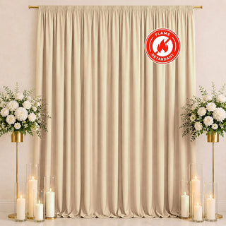 Beige flame-retardant curtain backdrop with floral stands and candles