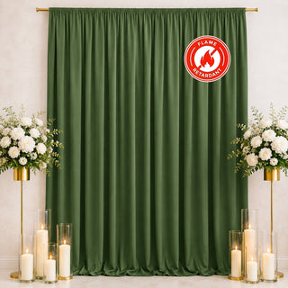 Green flame-retardant curtains with floral decor and candle arrangements