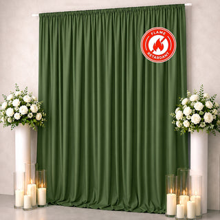 Green flame-retardant curtain backdrop with white floral decor and candles