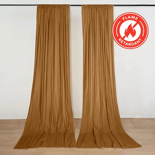 Flame retardant gold stage curtains hanging on a wall display