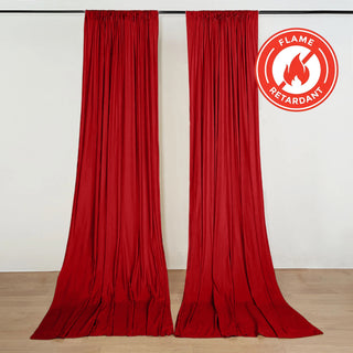 Red flame retardant curtains with flame-resistant logo on white wall
