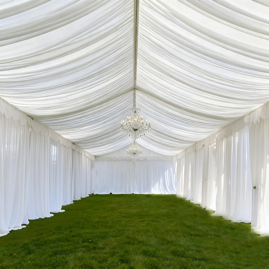 White Stretch Spandex Tent Ceiling Drape – 25ft x 36ft 100GSM Wrinkle-Free Fabric Ceiling Liner