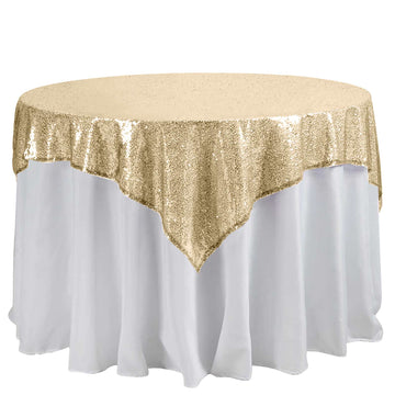 60"x60" Champagne Duchess Sequin Square Table Overlay