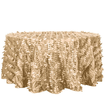 120" Champagne 3D Leaf Petal Taffeta Fabric Seamless Round Tablecloth