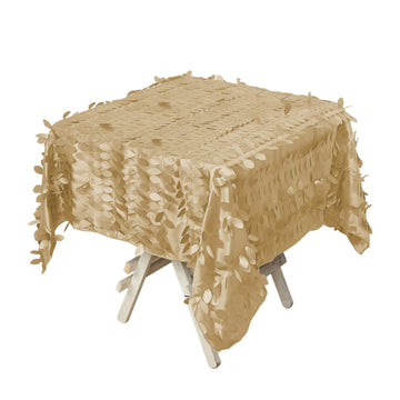 54" Champagne 3D Leaf Petal Taffeta Fabric Seamless Square Tablecloth