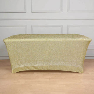 Add Glamour to Your Event with the 72"x30" Champagne Metallic Shimmer Tinsel Spandex Table Cover Add Glamour to Your Event with the 72"x30" Champagne Metallic Shimmer Tinsel Spandex Table Cover