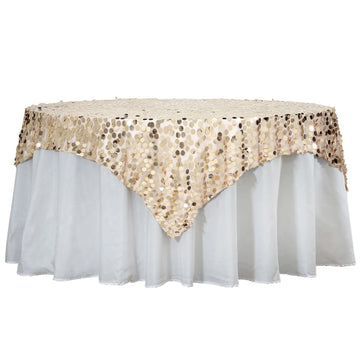 72"x72" Champagne Premium Big Payette Sequin Square Table Overlay