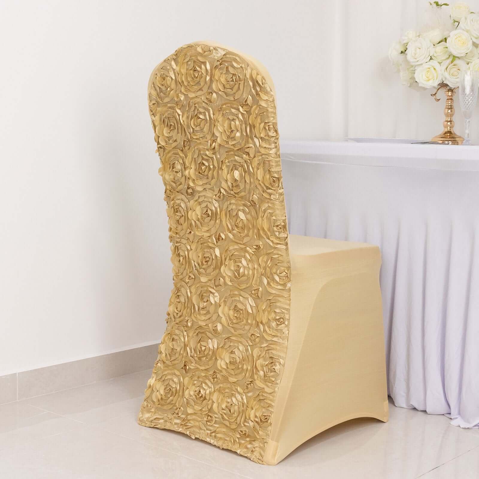 Champagne Satin Rosette Spandex Stretch Banquet Chair Cover, Fitted Slip On  Chair Cover