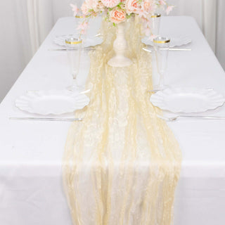Elevate Your Event with the Champagne Sheer Crinkled Organza Table Runner Elevate Your Event with the Champagne Sheer Crinkled Organza Table Runner