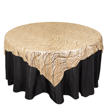 72"x72" Champagne Wave Mesh Square Table Overlay With Embroidered Sequins