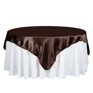Elevate Your Event Decor with a Chocolate Satin Square Tablecloth Overlay Elevate Your Event Decor with a Chocolate Satin Square Tablecloth Overlay