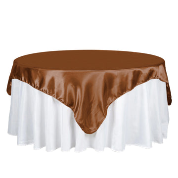 72"x72" Cinnamon Brown Satin Square Table Overlay, Elegant Table Topper