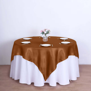 Elevate Your Event Decor with the Cinnamon Brown Satin Square Table Overlay Elevate Your Event Decor with the Cinnamon Brown Satin Square Table Overlay