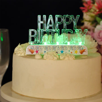 Clear Acrylic Multicolor Flashing LED Happy Birthday Cake Topper - 5"x 3"