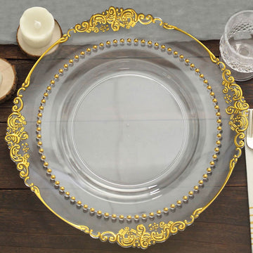 10 Pack 10" Clear Gold Beaded Rim Disposable Dinner Plates, Round Plastic Party Plates