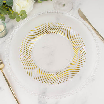 10 Pack Clear Plastic Party Plates with Gold Swirl Rim, 9" Round Disposable Dinner Plates