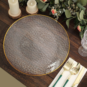 6 Pack 13" Clear Hammered Design Disposable Charger Plates With Gold Rim, Round Plastic Serving Plates