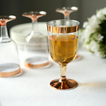 12 Pack Clear 6oz Rose Gold Rim Plastic Wine Glasses Disposable Cups with Detachable Base