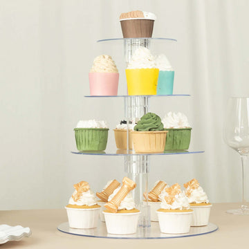 4-Tier Clear Round Acrylic Cupcake Tower Stand, Heavy Duty Cake Stand Dessert Display with Film Sheets - 14" Tall