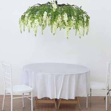 55" Cream Artificial Silk Hanging Wisteria Vine Flower Chandelier, Round Draping Garland Canopy With Interchangeable Branches