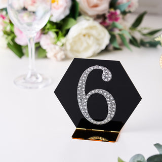 Elegant black hexagon table number sign with rhinestone detail, number 6.